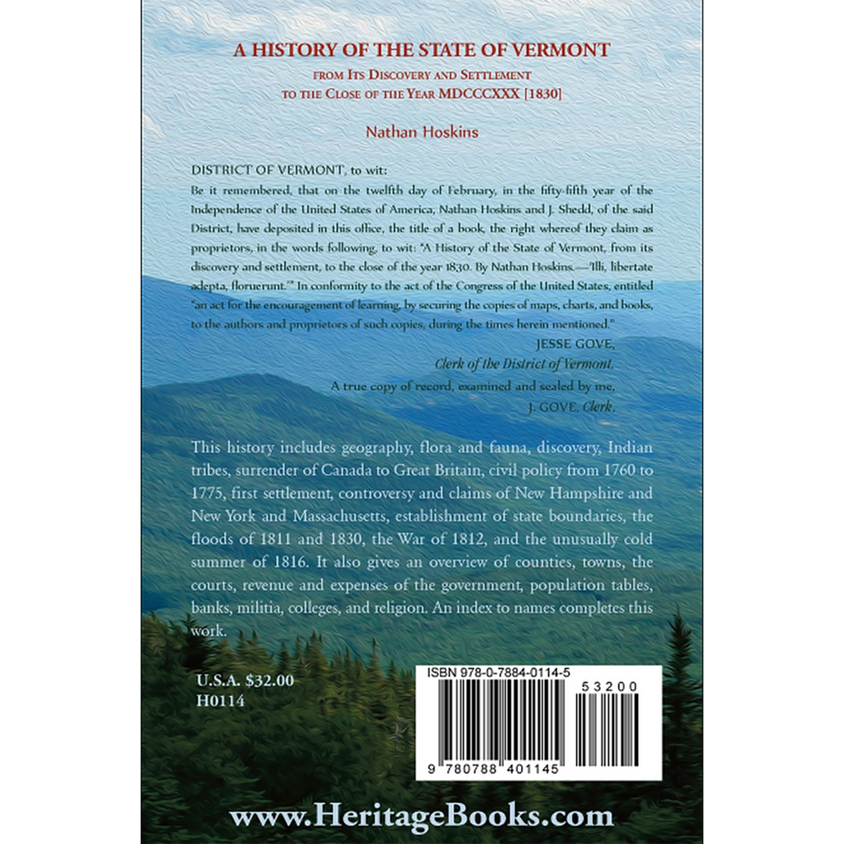 A History of the State of Vermont, from Its Discovery and Settlement to the Close of the Year MDCCCXXX [1830] back cover