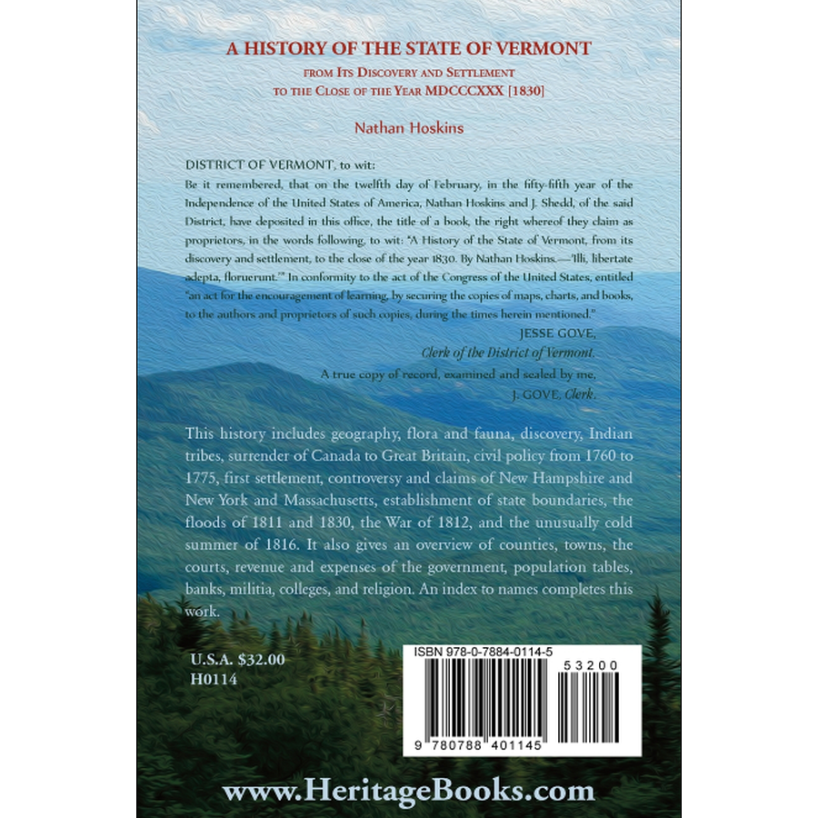 A History of the State of Vermont, from Its Discovery and Settlement to the Close of the Year MDCCCXXX [1830] back cover