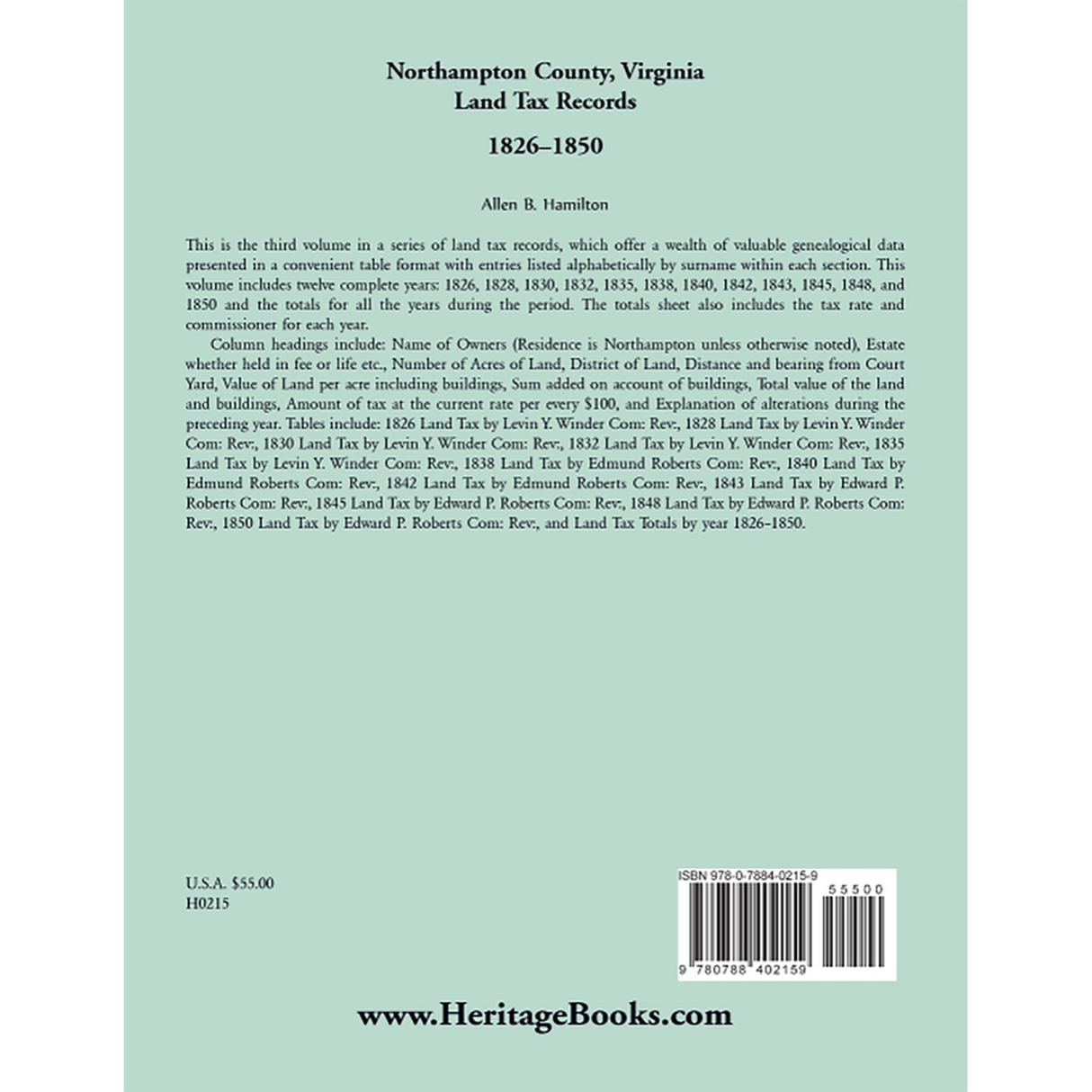 Northampton County, Virginia Land Tax Records 1826-1850 back cover