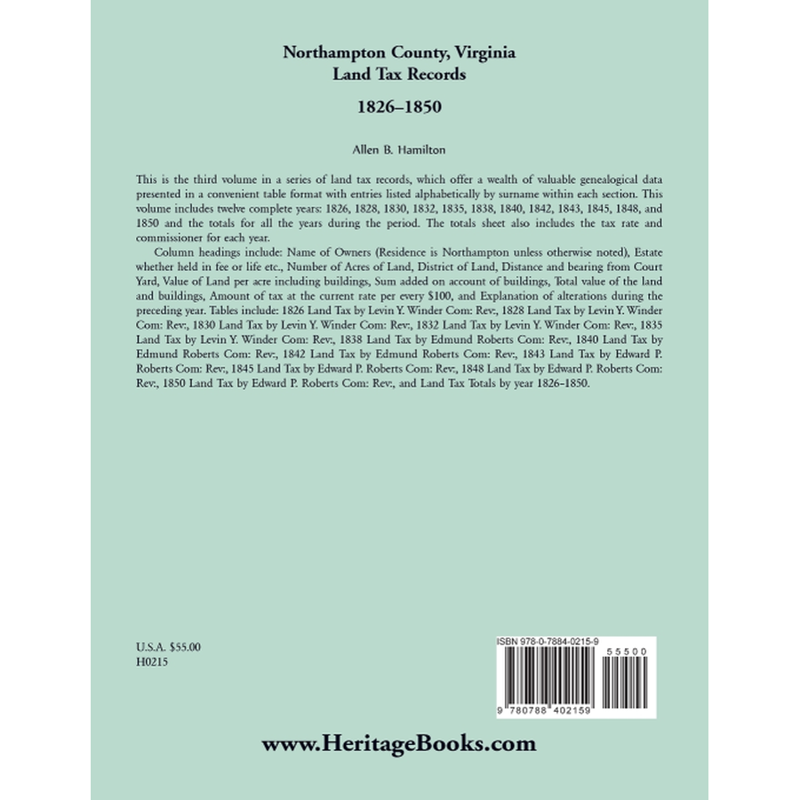 Northampton County, Virginia Land Tax Records 1826-1850 back cover
