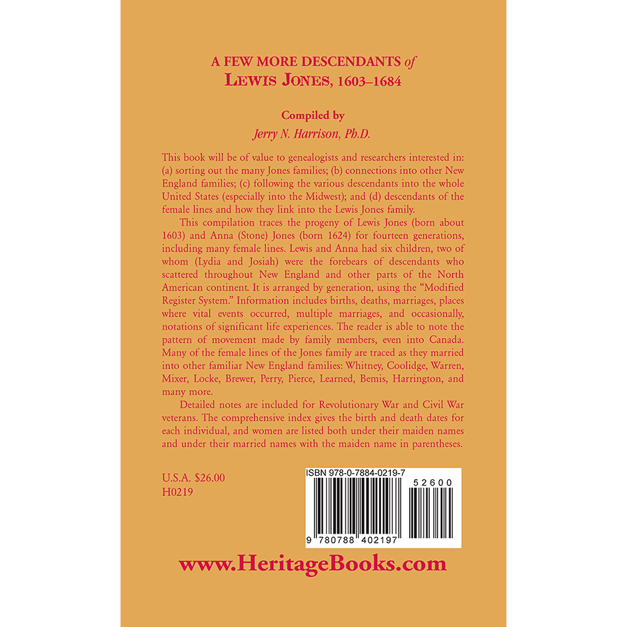 A Few More Descendants of Lewis Jones, 1603-1684 back cover