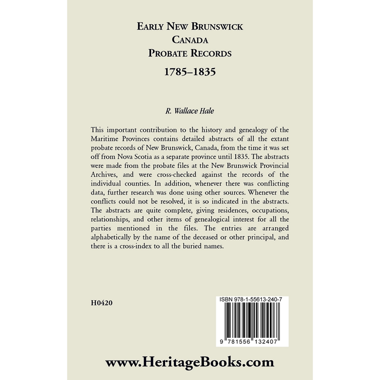Early New Brunswick (Canada) Probate Records, 1785-1835 back cover