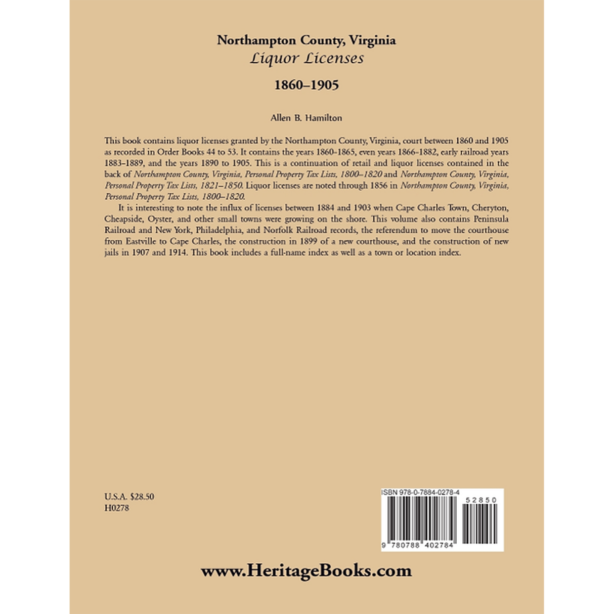 Northampton County, Virginia Liquor Licenses, 1860-1905 back cover