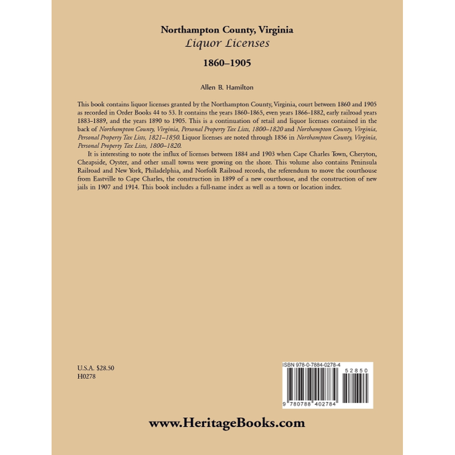 back cover of Northampton County, Virginia Liquor Licenses, 1860-1905