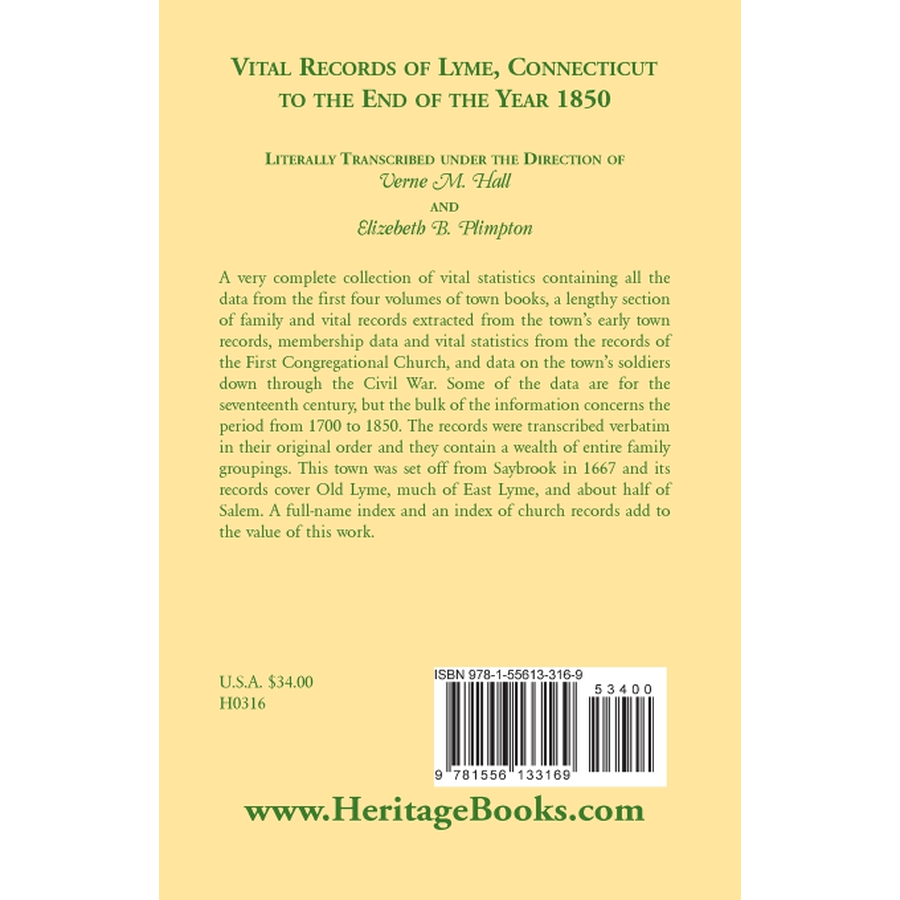 Vital Records of Lyme, Connecticut, to the End of the Year 1850 back cover