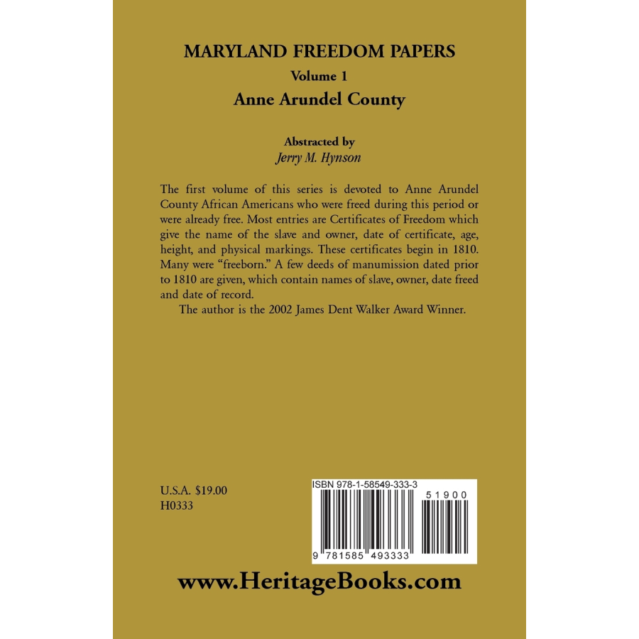 Maryland Freedom Papers, Volume 1: Anne Arundel County back cover