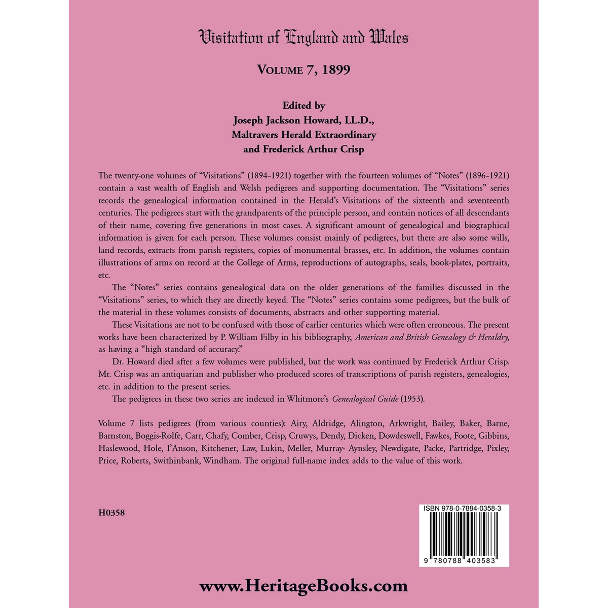 Visitation of England and Wales, Volume 7, 1899 back cover