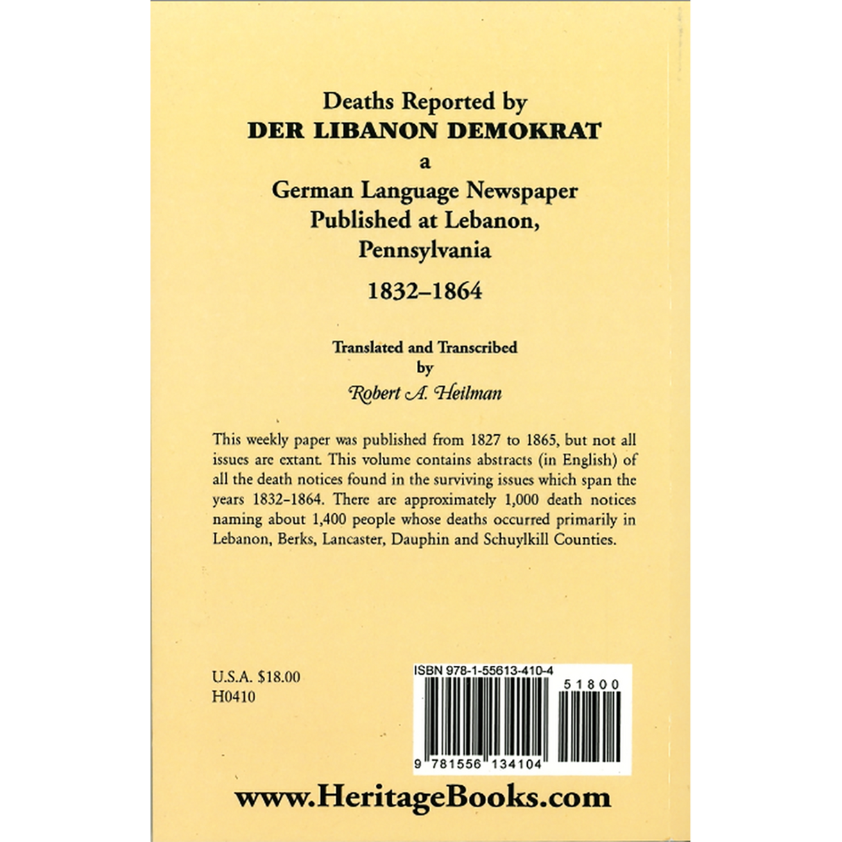 Deaths Reported by Der Libanon Demokrat, a German Language Newspaper Published at Lebanon, Pennsylvania, 1832-1864 back cover