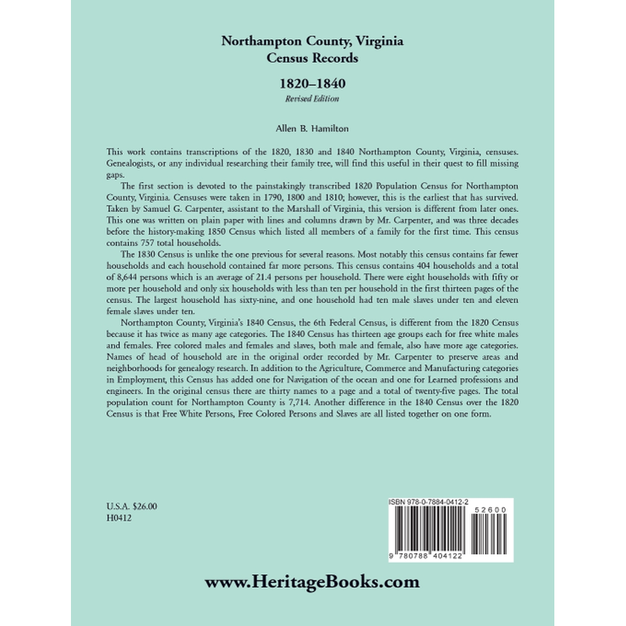 back cover of Northampton County, Virginia Census Records, 1820-1840, Revised Edition