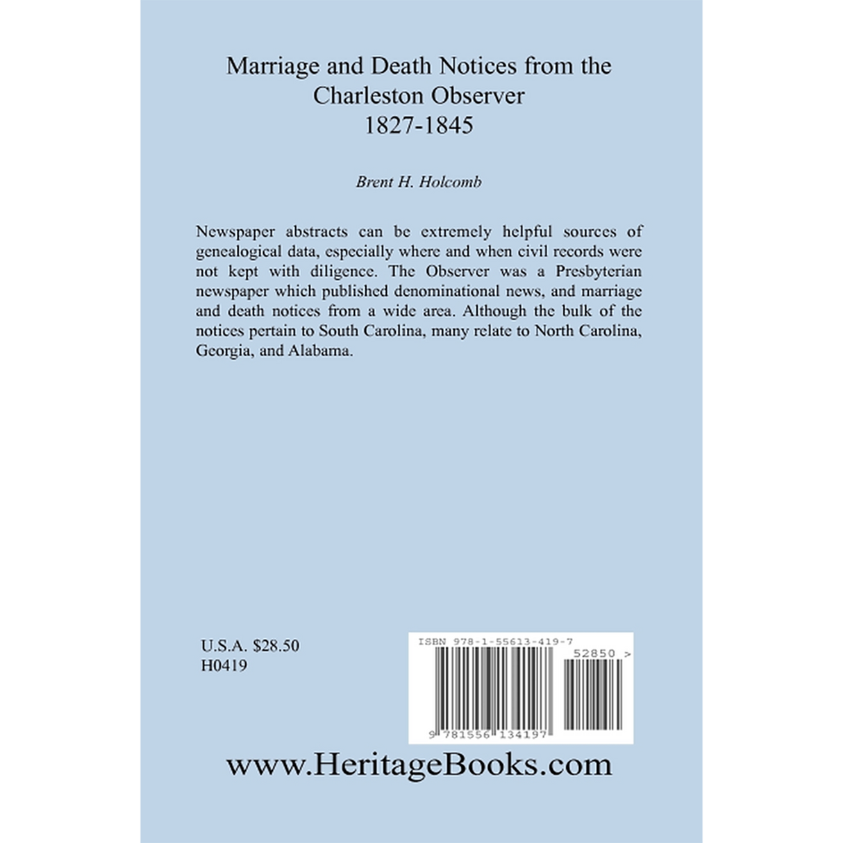 Marriage and Death Notices from the Charleston Observer, 1827-1845 back cover