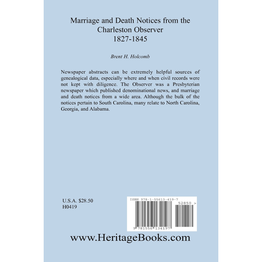 back cover of Marriage and Death Notices from the Charleston Observer, 1827-1845