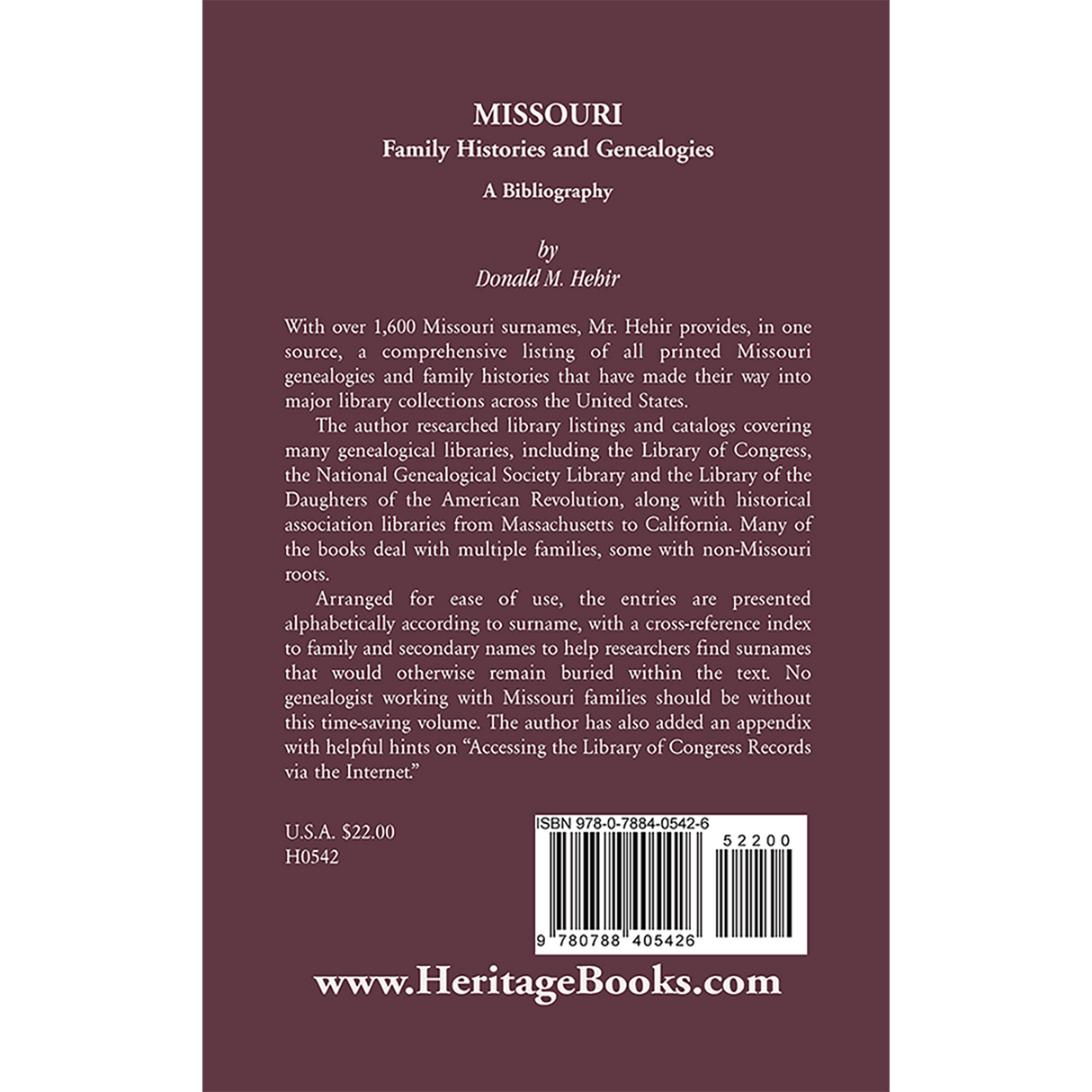 Missouri Family Histories and Genealogies: A Bibliography back cover