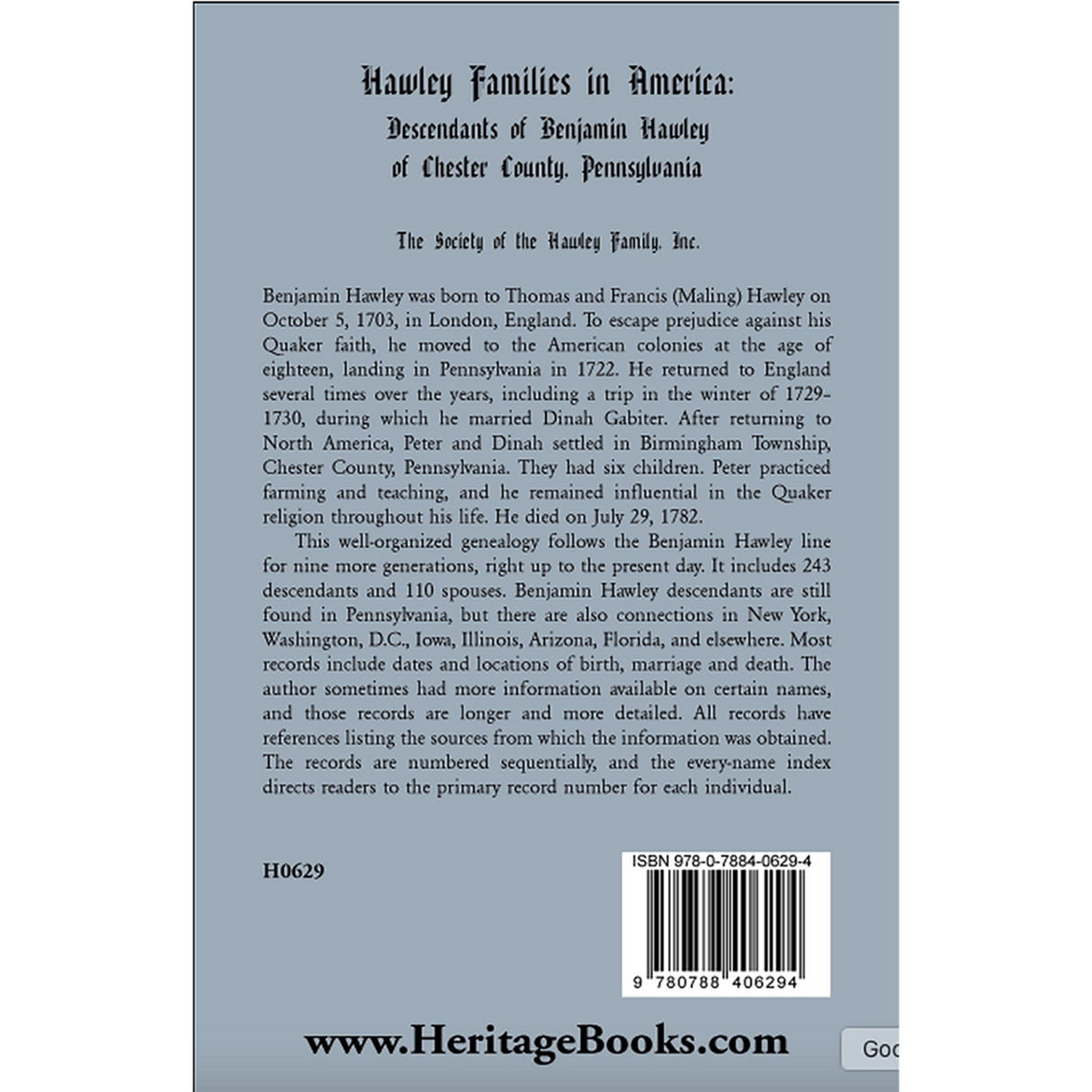 Hawley Families in America: Descendants of Benjamin Hawley of Chester County, Pennsylvania back cover