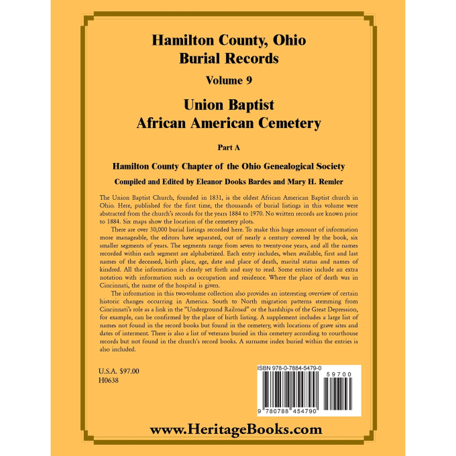 back cover of Hamilton County, Ohio Burial Records, Volume 9: Union Baptist African American Cemetery Part A