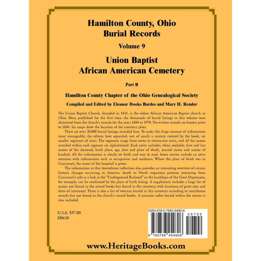 back cover of Hamilton County, Ohio Burial Records, Volume 9: Union Baptist African American Cemetery Part B