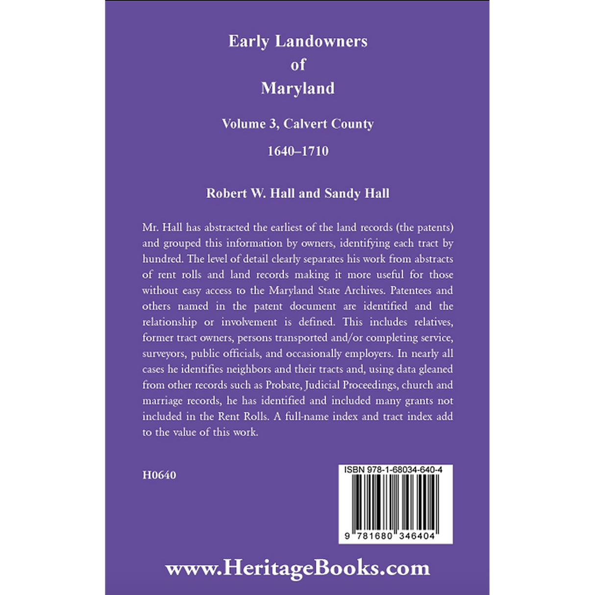 Early Landowners of Maryland, Volume 3: Calvert County, 1640-1710 back cover