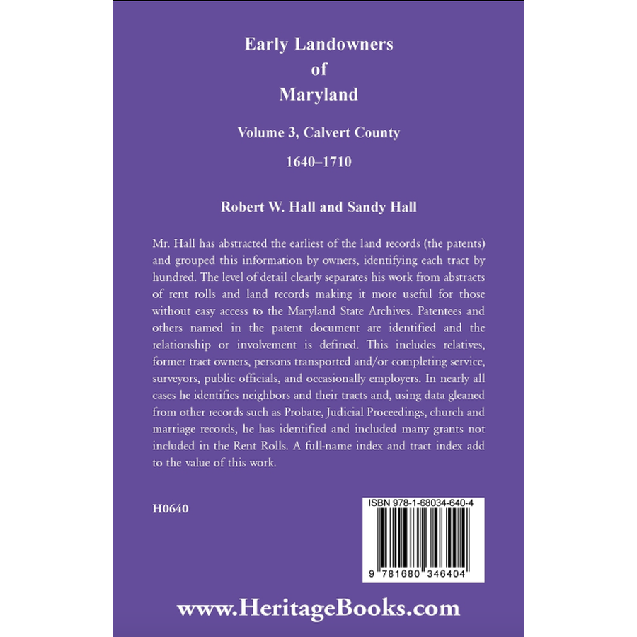 Early Landowners of Maryland, Volume 3: Calvert County, 1640-1710 back cover