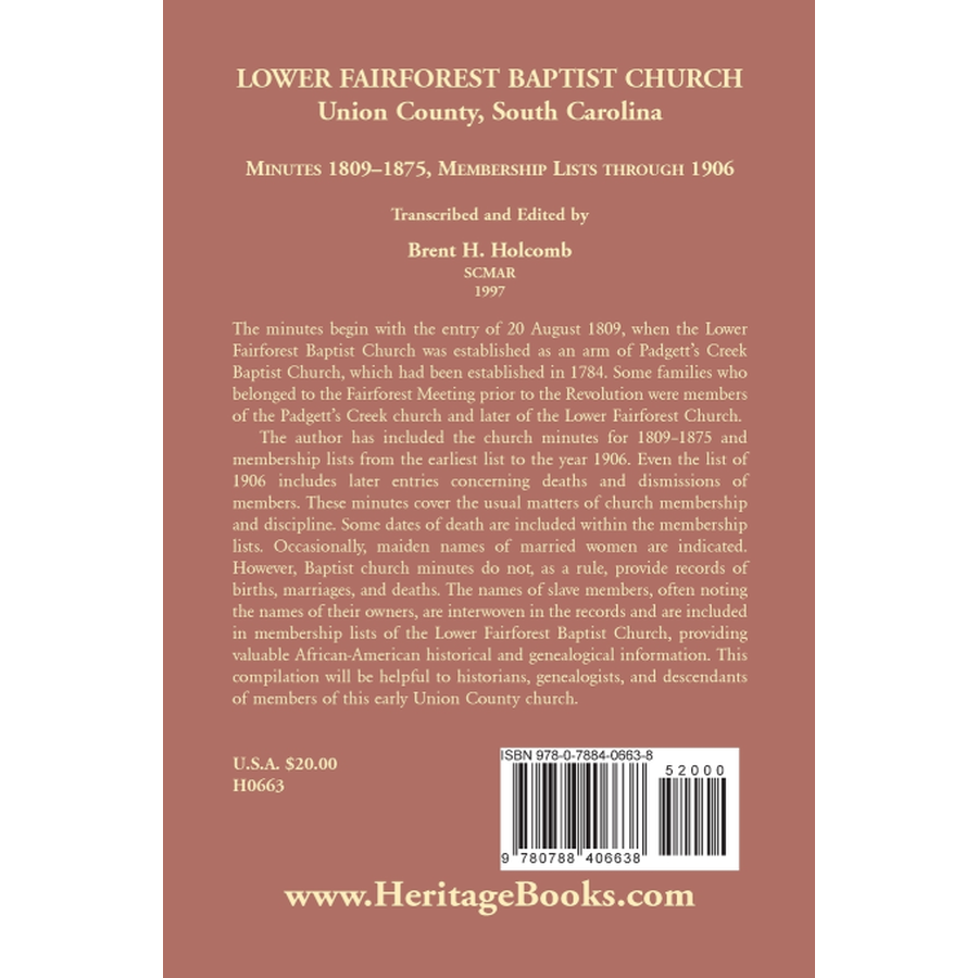 back cover of Lower Fairforest Baptist Church, Union County, South Carolina: Minutes 1809-1875, Membership Lists through 1906