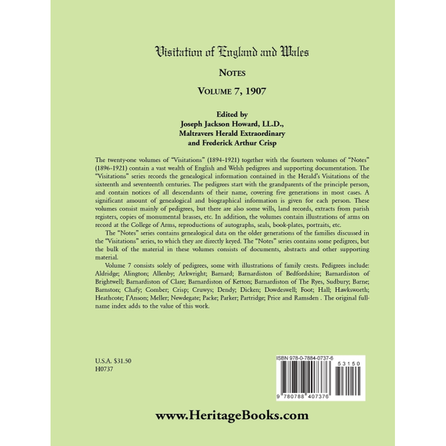 Visitation of England and Wales Notes: Volume 7, 1907 back cover