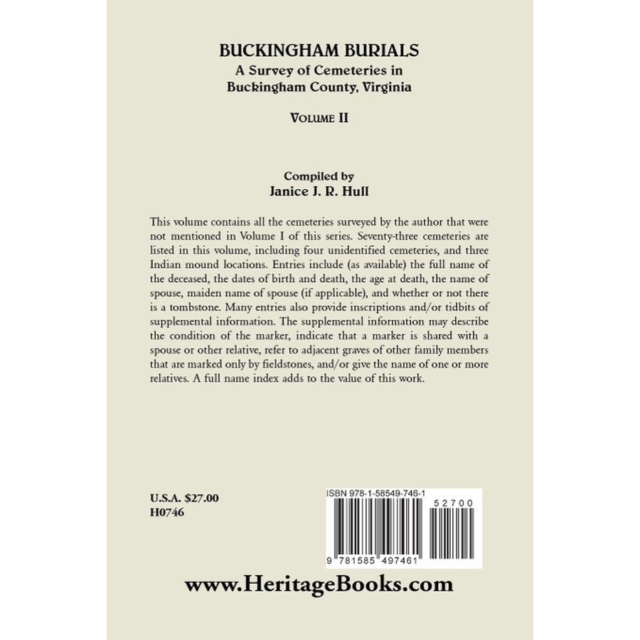 back cover of Buckingham Burials, A Survey of Cemeteries in Buckingham County, Virginia: Volume 2