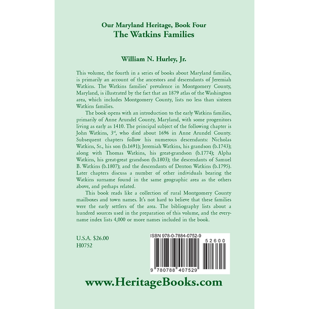Our Maryland Heritage, Book 4: The Watkins Families back cover