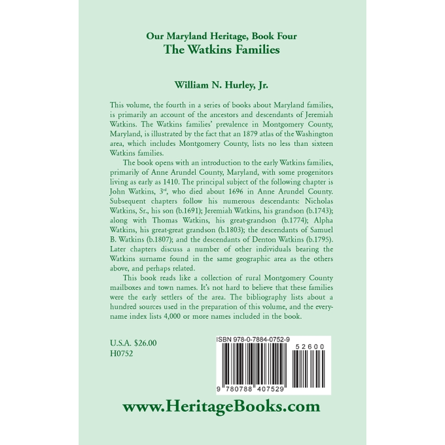 back cover of Our Maryland Heritage, Book 4: The Watkins Families