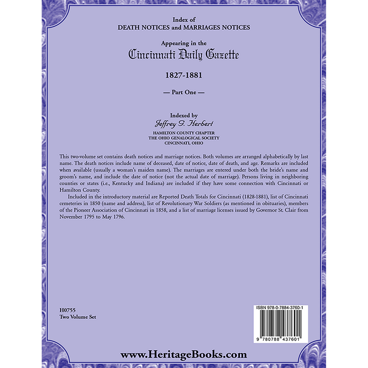 Index of Death Notices and Marriages Notices appearing in the Cincinnati Daily Gazette, 1827-1881, Part I back cover