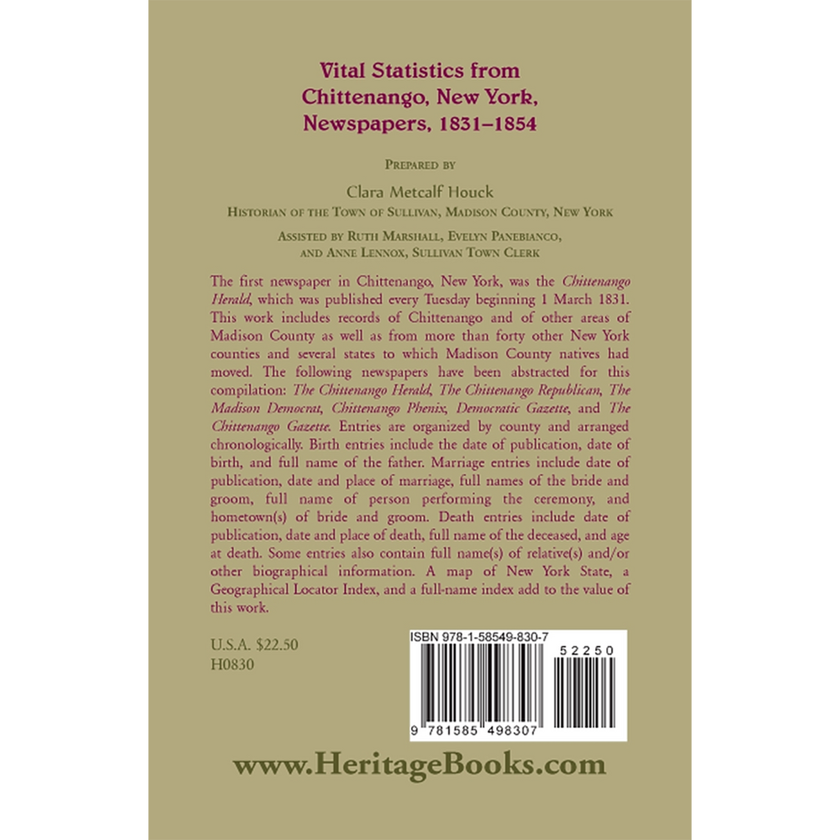 Vital Statistics from Chittenango, New York, Newspapers, 1831-1854 back cover