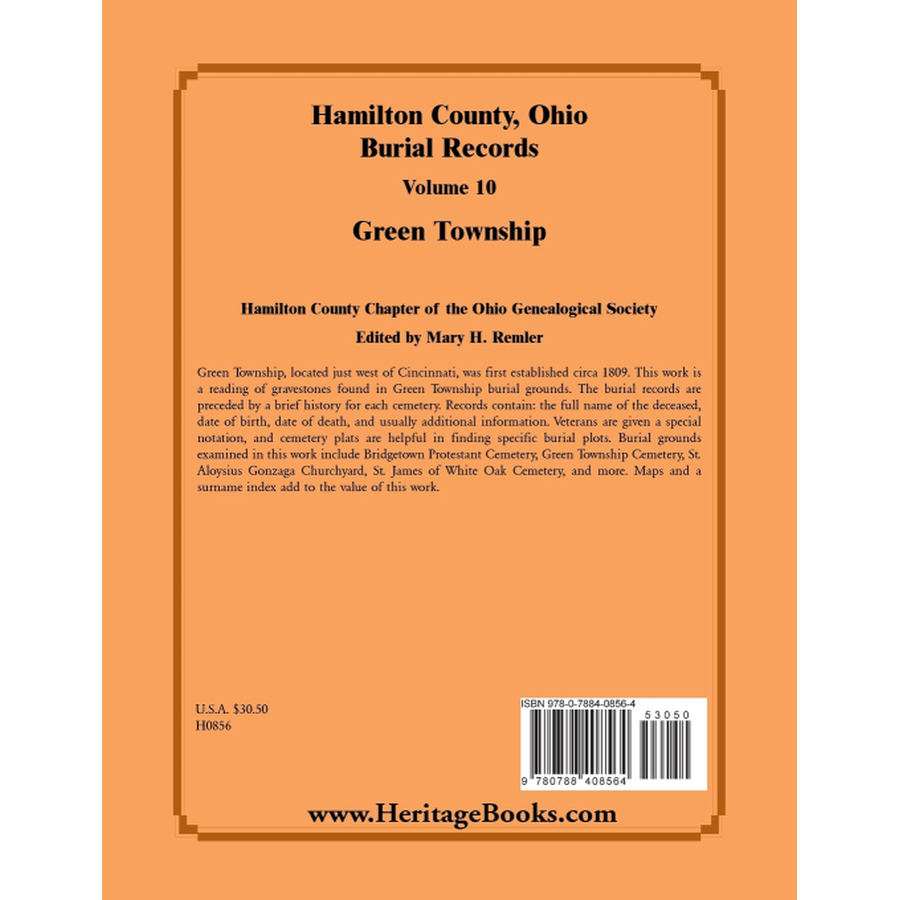 back cover of Hamilton County, Ohio Burial Records, Volume 10: Green Township