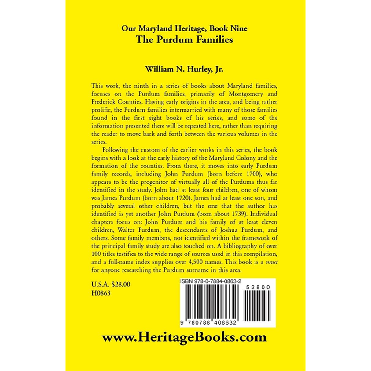 Our Maryland Heritage, Book 9: The Purdum Families back cover