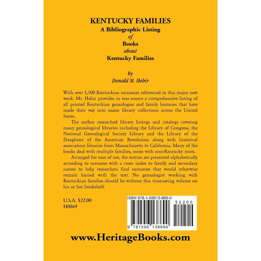 Kentucky Families: A Bibliographic Listing of Books About Kentucky Families back cover