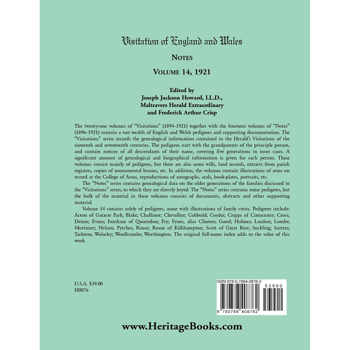 Visitation of England and Wales Notes: Volume 14, 1921 back cover
