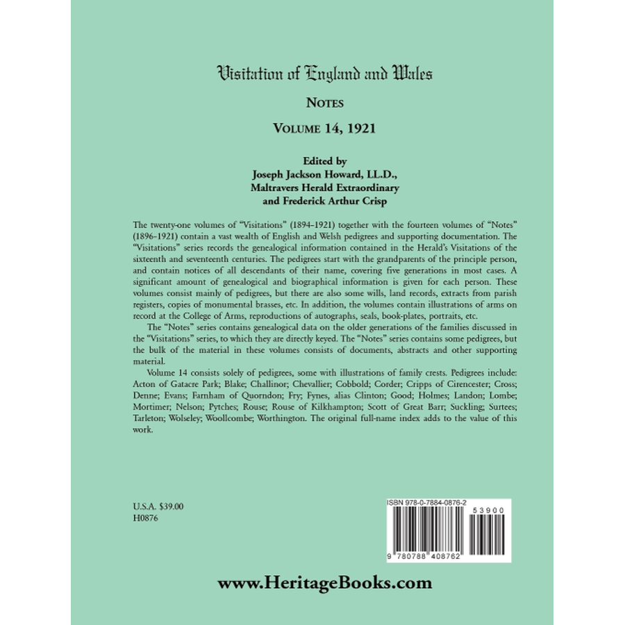 Visitation of England and Wales Notes: Volume 14, 1921 back cover