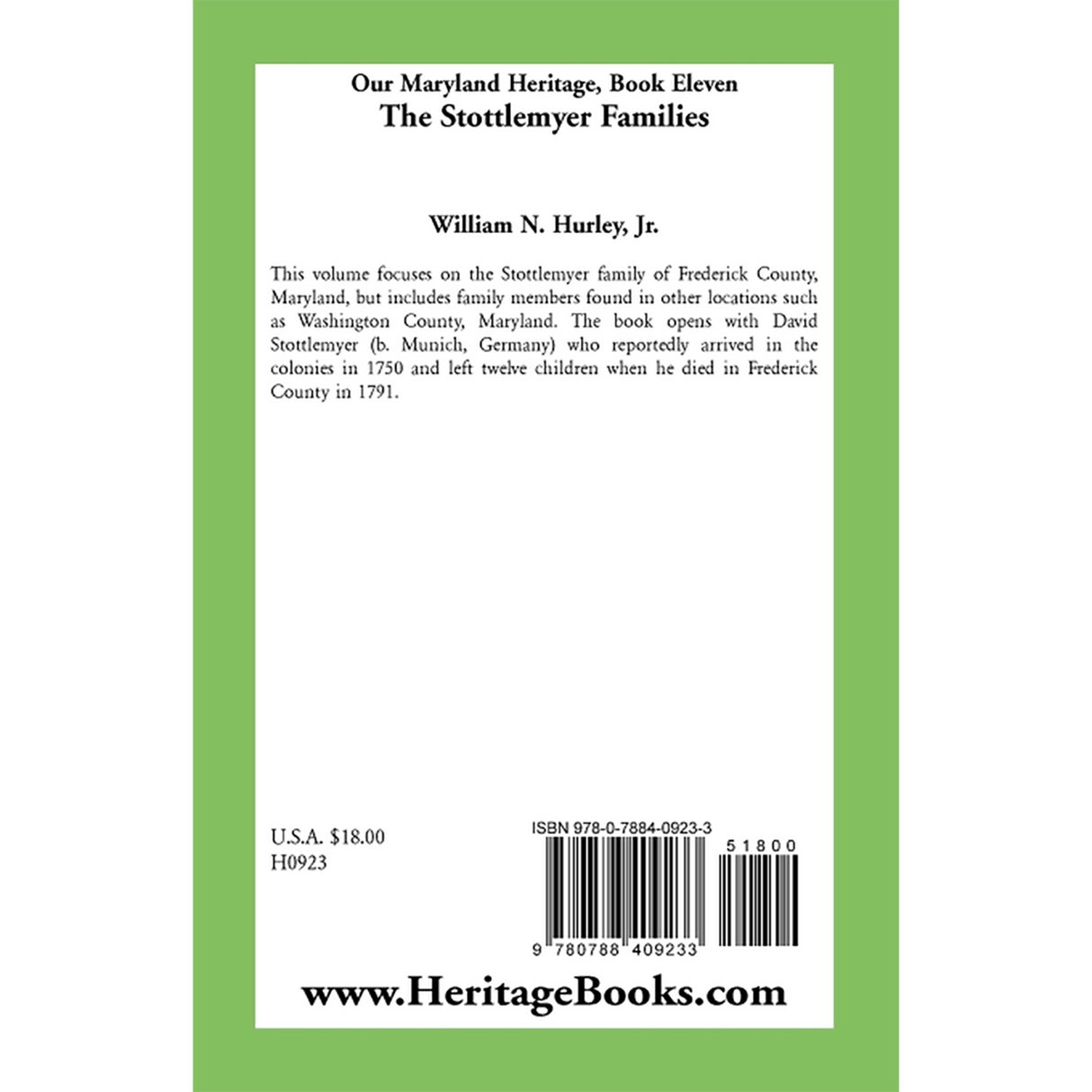 Our Maryland Heritage, Book 11: The Stottlemyer Families back cover