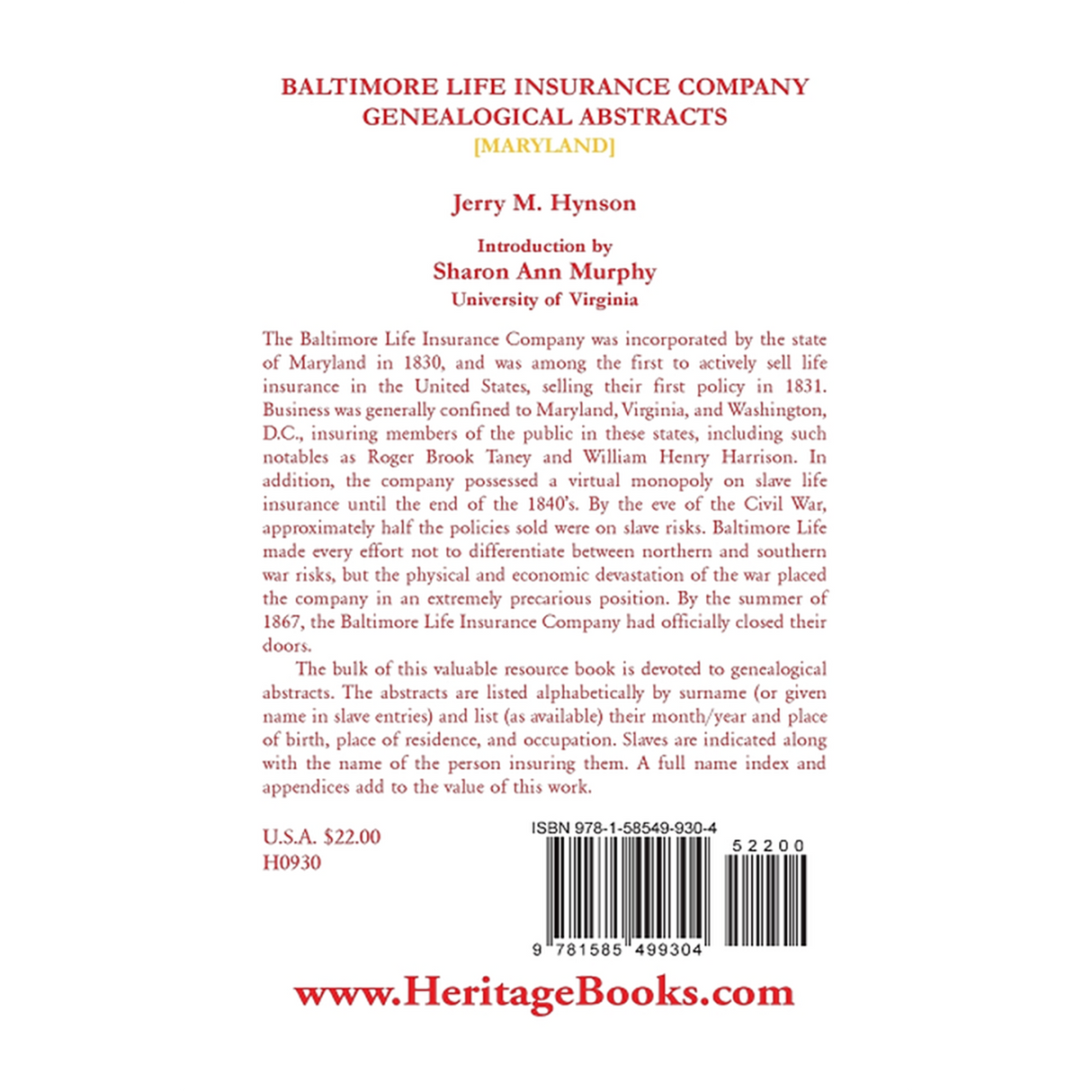 Baltimore Life Insurance Company Genealogical Abstracts back cover