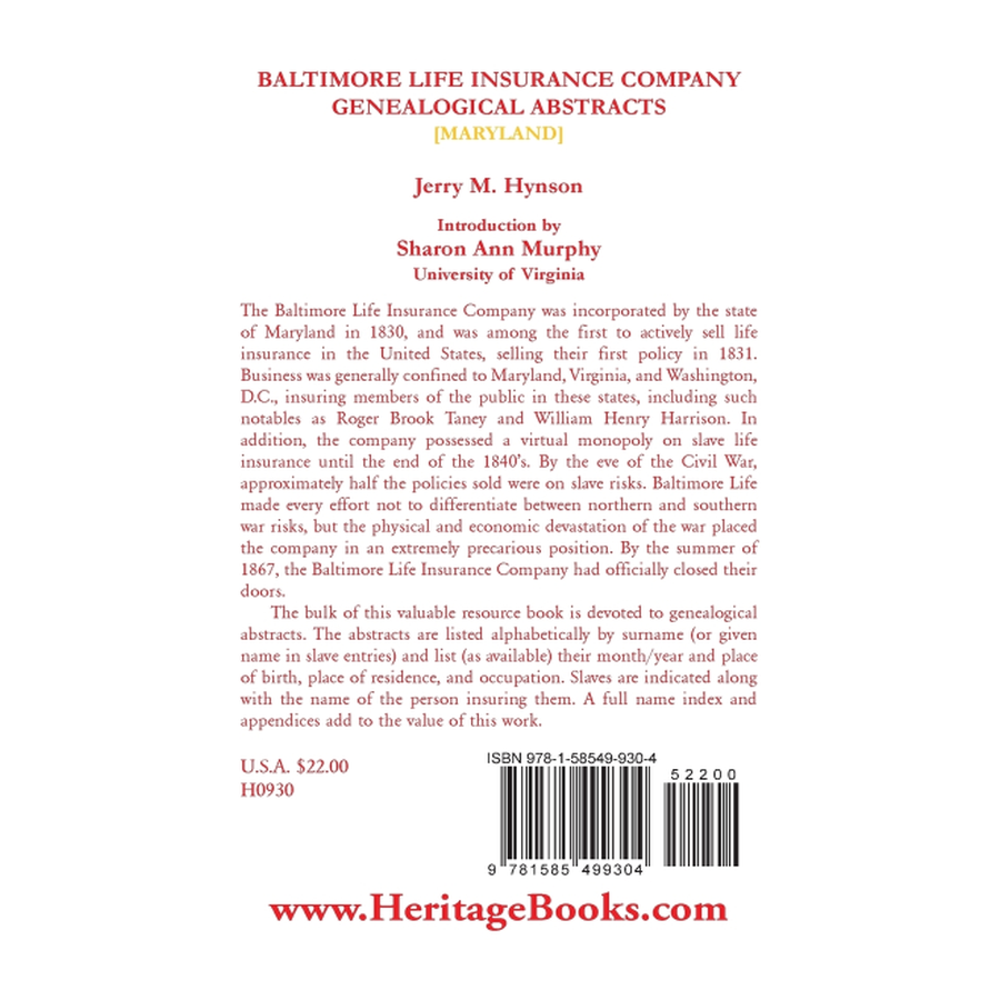 Baltimore Life Insurance Company Genealogical Abstracts back cover
