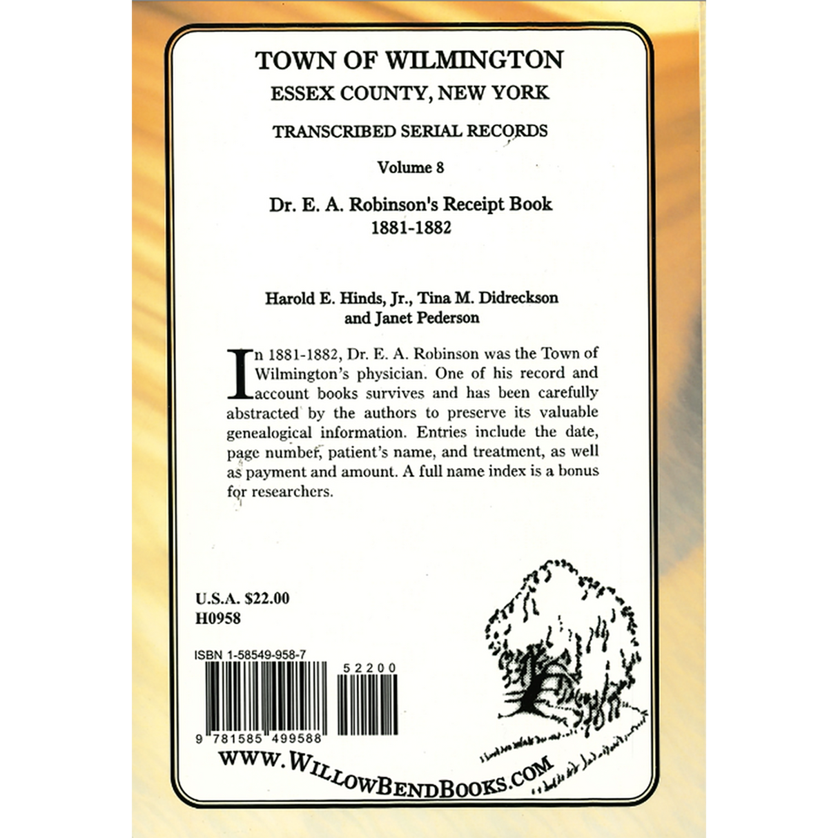 Town of Wilmington, Essex County, New York Transcribed Serial Records, Volume 8: Dr. E. A. Robinson's Receipt Book, 1881-1882 back cover