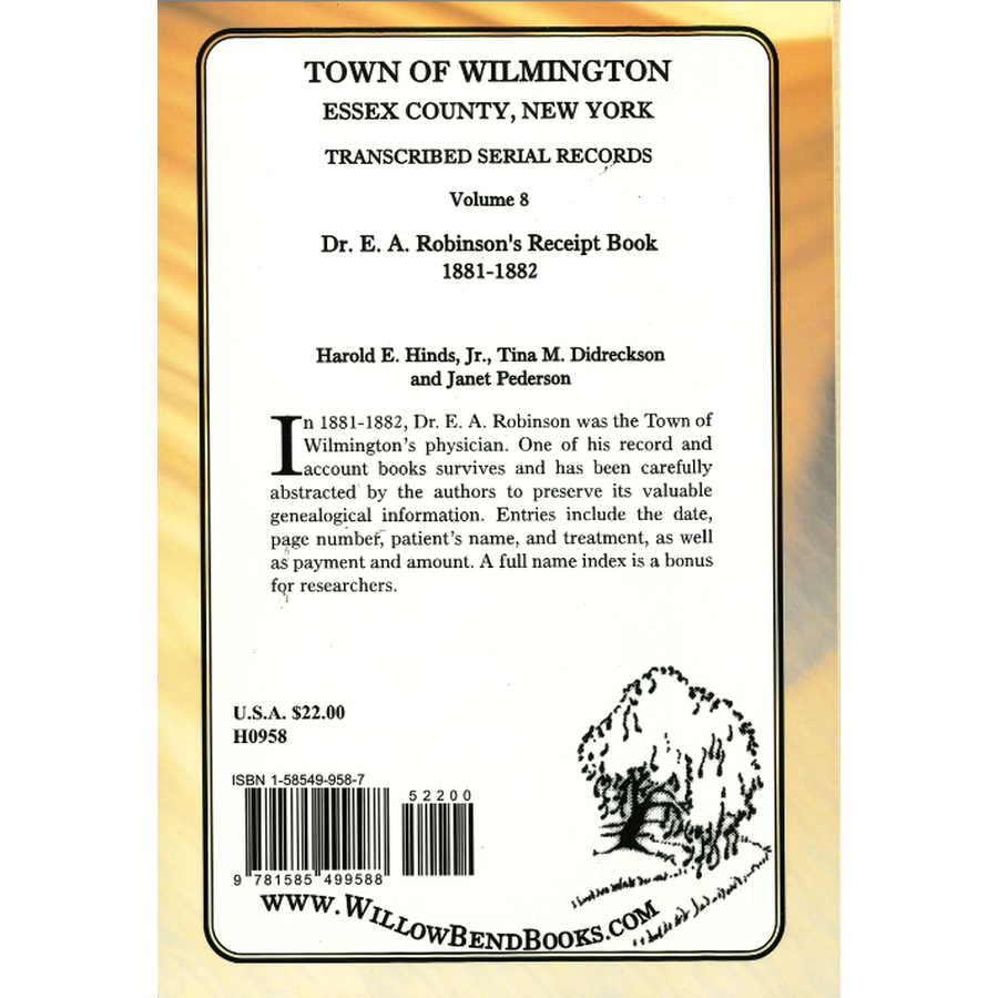 Town of Wilmington, Essex County, New York Transcribed Serial Records, Volume 8: Dr. E. A. Robinson's Receipt Book, 1881-1882 back cover