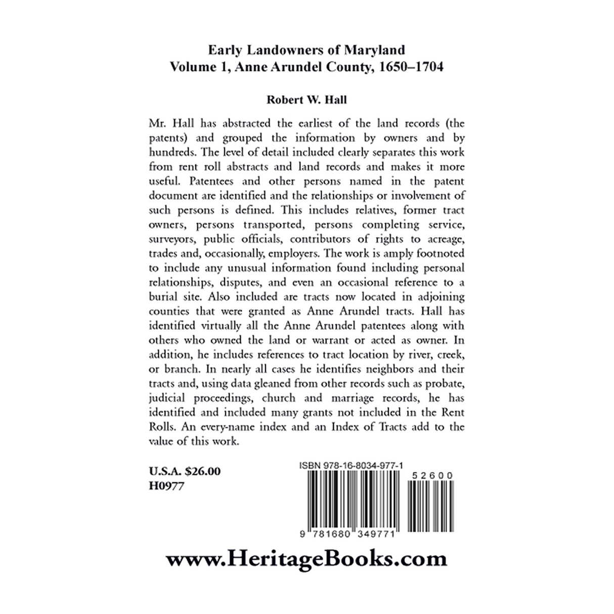 Early Landowners of Maryland, Volume 1: Anne Arundel County, 1650-1704 back cover