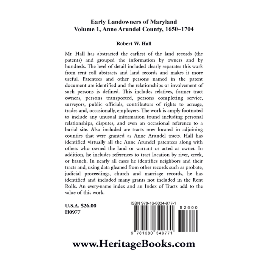 Early Landowners of Maryland, Volume 1: Anne Arundel County, 1650-1704 back cover