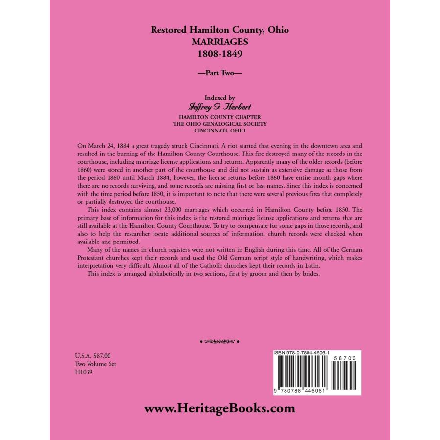 Restored Hamilton County, Ohio Marriages, 1808-1849, Volume II back cover