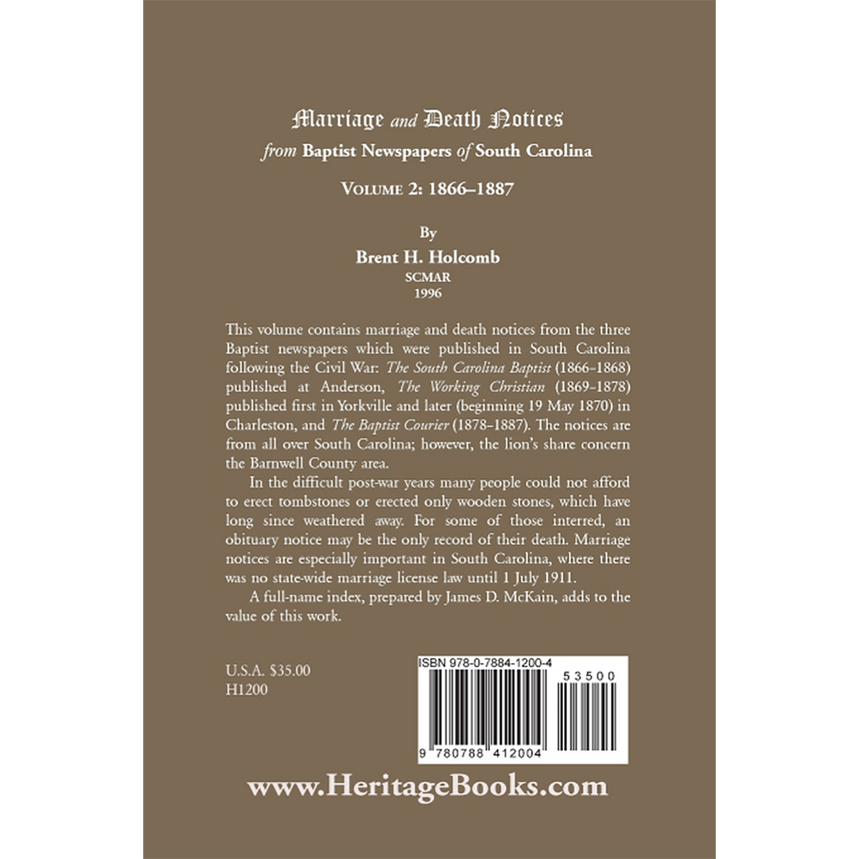 Marriage and Death Notices from Baptist Newspapers of South Carolina, Volume 2: 1866-1887 back cover