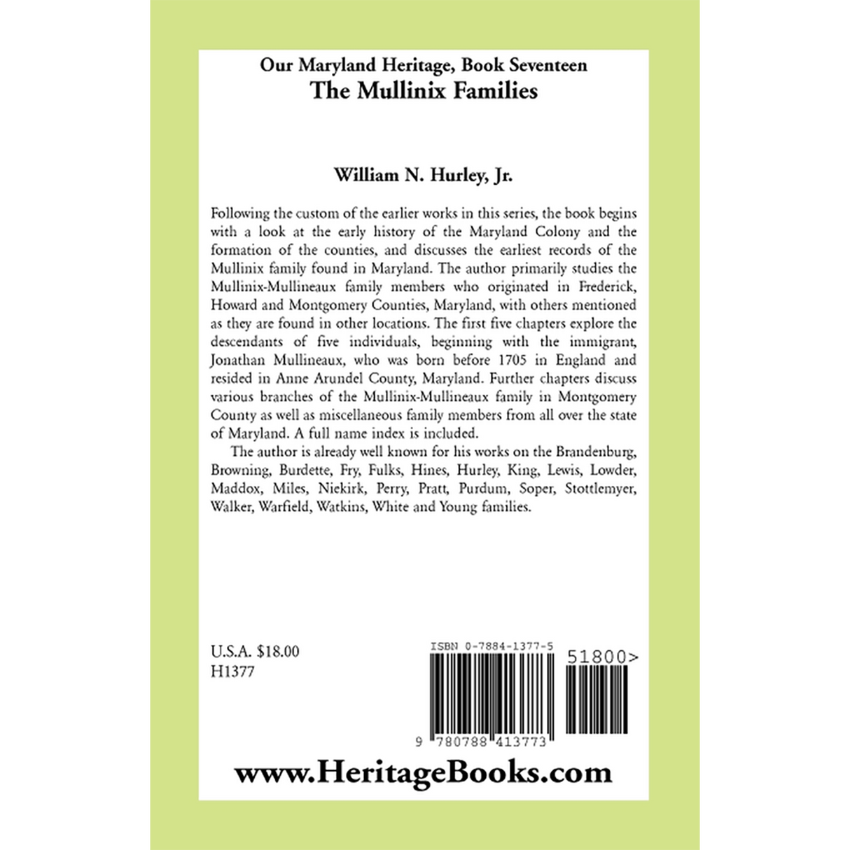 Our Maryland Heritage, Book 17: The Mullinix Families back cover