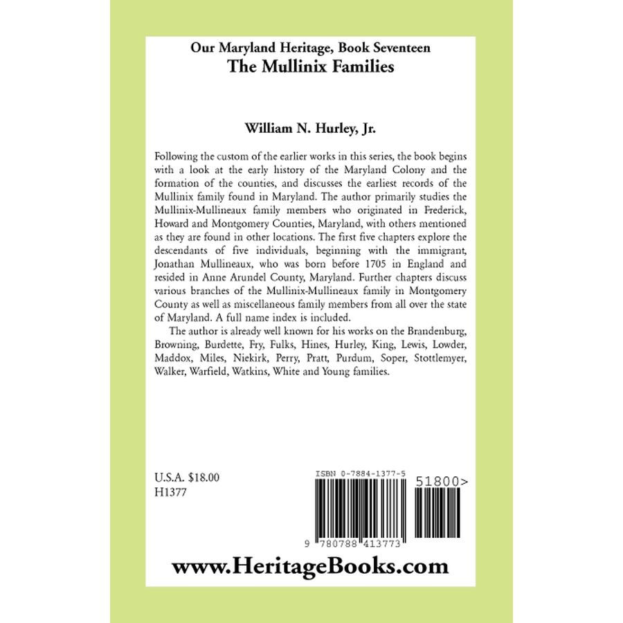 back cover of Our Maryland Heritage, Book 17: The Mullinix Families