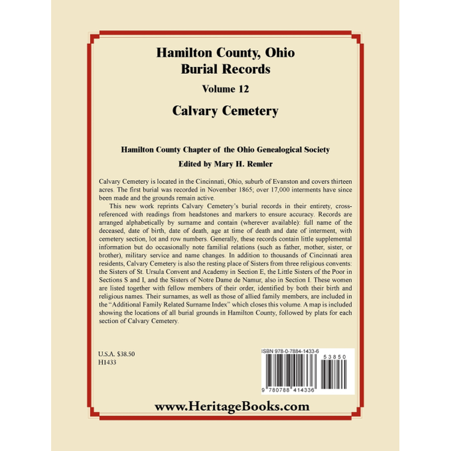 Hamilton County, Ohio Burial Records, Volume 12: Calvary Cemetery back cover