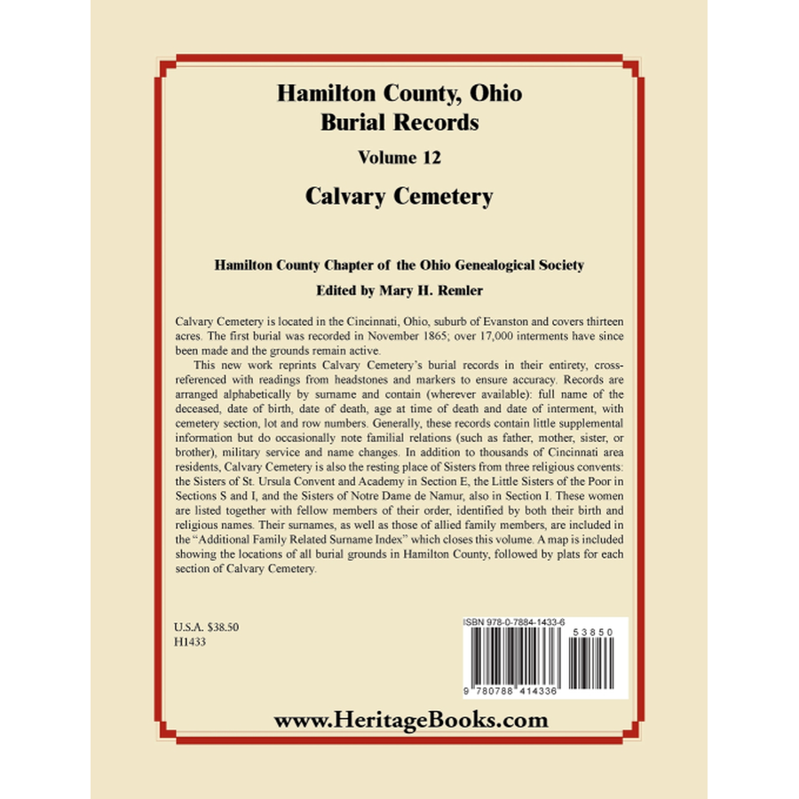 back cover of Hamilton County, Ohio Burial Records, Volume 12: Calvary Cemetery
