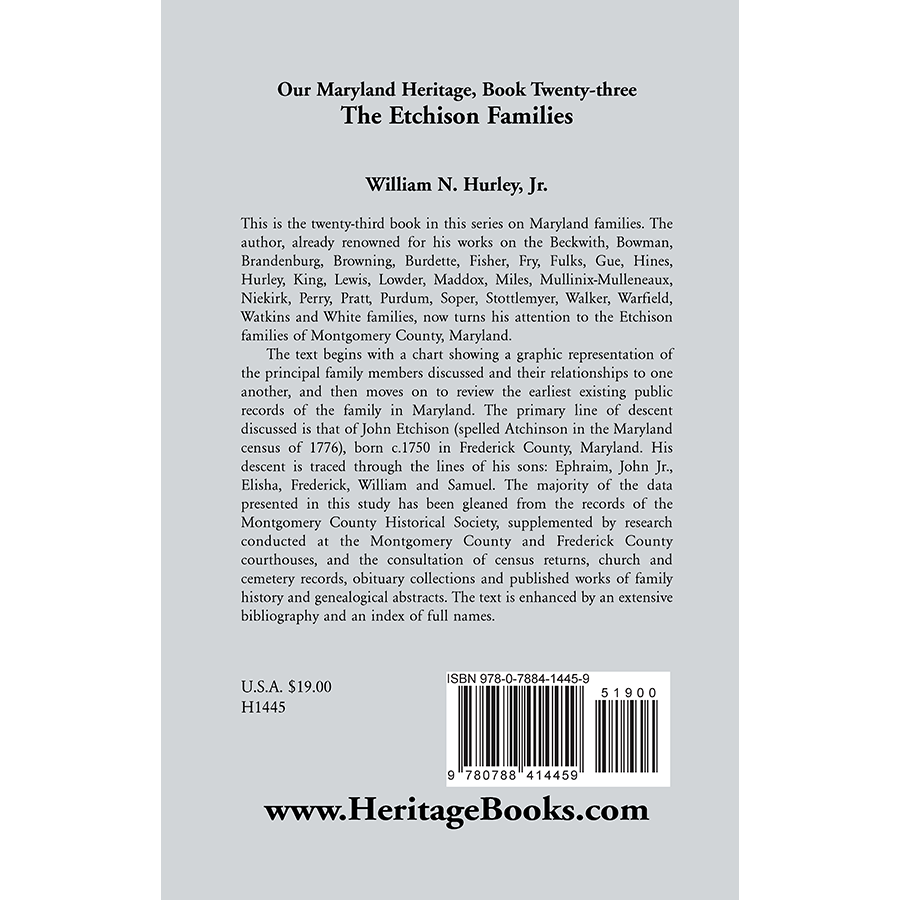 Our Maryland Heritage, Book 23: The Etchison Families back cover