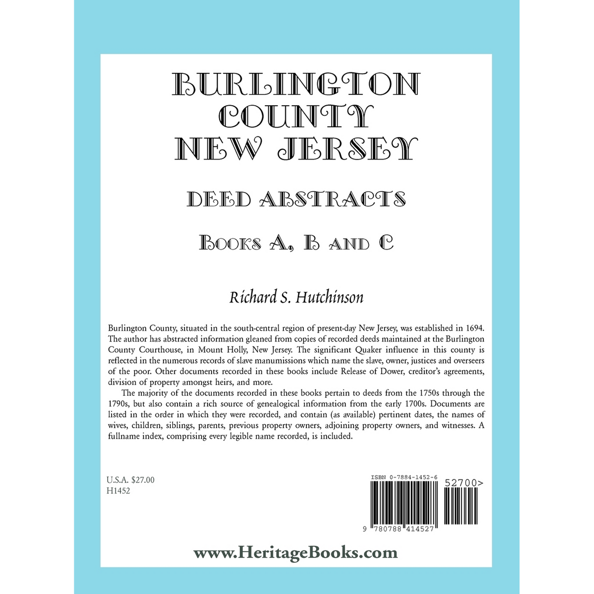 Burlington County, New Jersey Deed Abstracts, Books A, B and C back cover