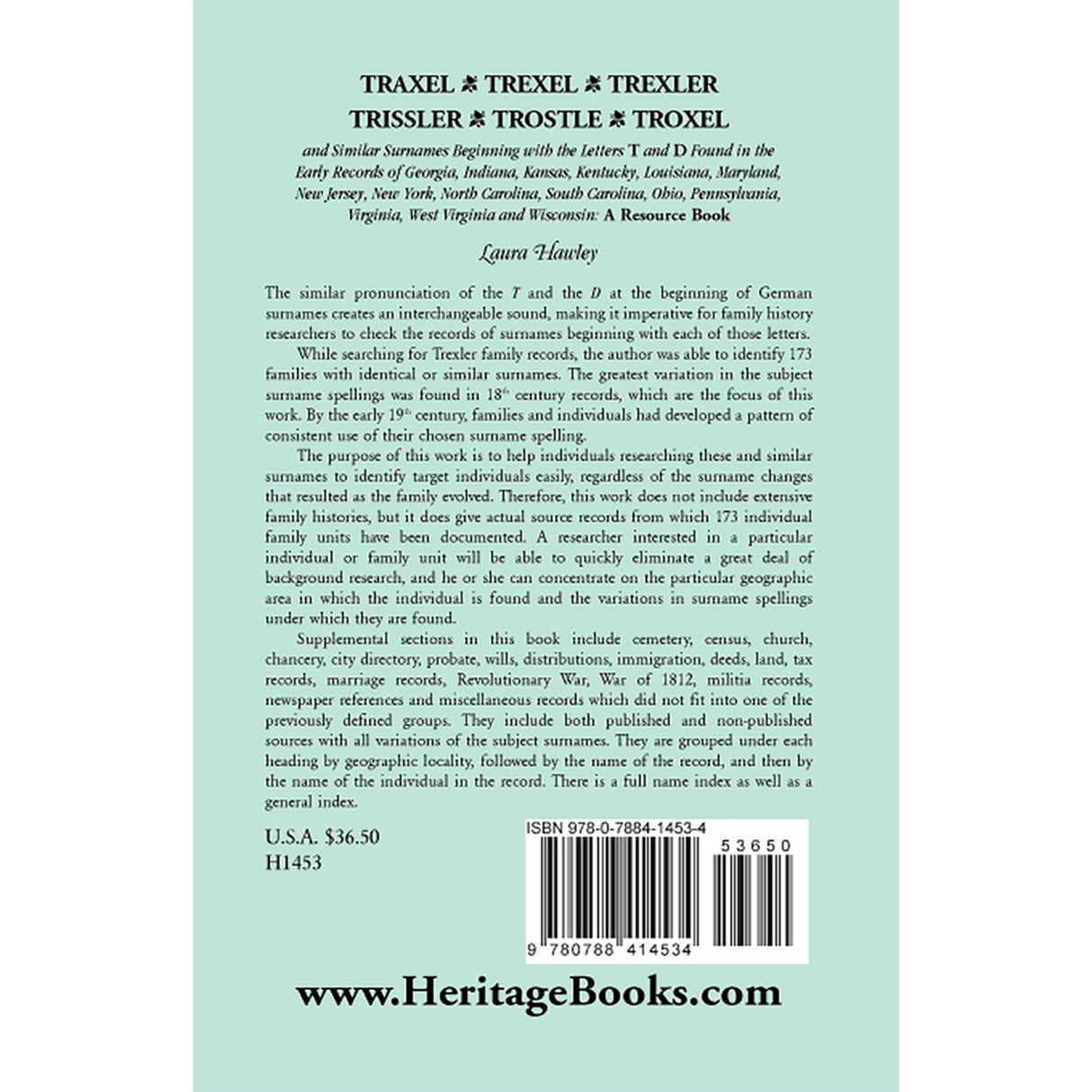 Traxel, Trexel, Trexler, Trissler, Trostle, Troxel and Similar Surnames Beginning with the letters T and D back cover