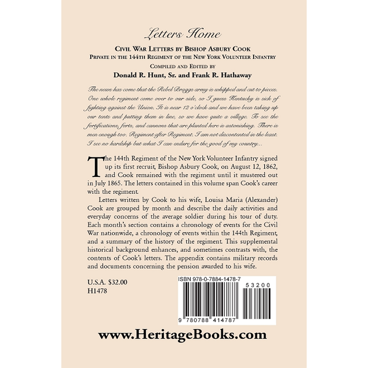 Letters Home: Civil War Letters by Bishop Asbury Cook, Private in the 144th Regiment of the New York Volunteer Infantry back cover